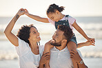 Mother, man and girl together on a family sea trip and ocean with a happy smile. Happiness of mom, father and child by beach waves on a summer day spending quality time in nature having fun with love