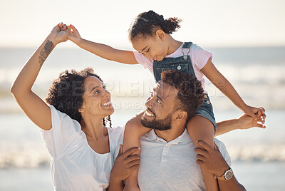 Buy stock photo Mother, man and girl together on a family sea trip and ocean with a happy smile. Happiness of mom, father and child by beach waves on a summer day spending quality time in nature having fun with love