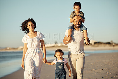 Buy stock photo Happy, beach and walking with family at sunset on holiday for love, summer and travel together. Smile, nature and sunshine with portrait of parents and children on Miami Florida vacation by the sea 