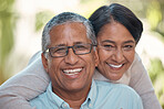Love, retirement couple and portrait hug with happy smile  and romantic embrace in garden. Married, senior and latino people in relationship commitment together with care and support.

