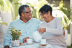 Garden tea in home, senior happy couple talking together in backyard and long love marriage. Smile by outdoor table date, mature healthy relationship with wife and elderly husband relax in happiness