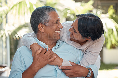 Buy stock photo Happy senior couple hug in garden, love and romance in retirement. Nature, summer and mature man and woman hugging. Marriage, loyalty and a smile, outdoor time for elderly people to relax on weekend.