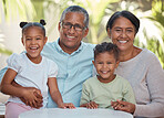 Big family with kids, happy and smile outdoor together with happiness and love. Portrait of a grandmother, man and children from Mexico smiling and laughing with a hug looking positive with joy