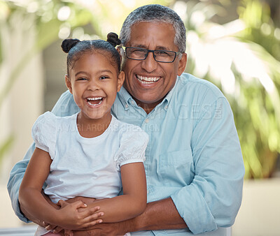 Buy stock photo Happy, smile and family portrait of a grandparent and girl with happiness outdoors. Smiling man and young child laughing together with a hug feeling love, trust and care with a blur background