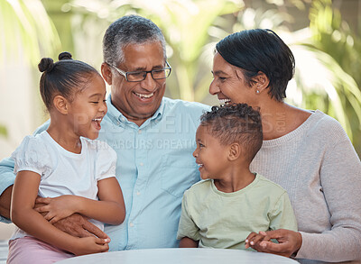 Buy stock photo Love, family and happy grandparents with children siblings bonding together on the weekend. Young retirement grandfather and grandmother relax with excited kids in garden for joyful visit.

