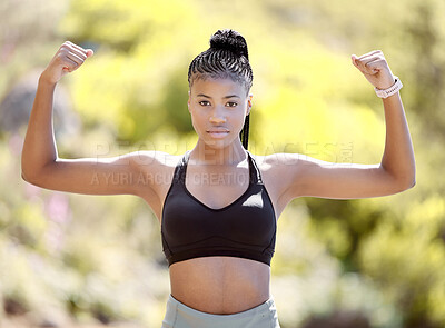 Buy stock photo Fitness, strong arm muscles an black woman after a sports  workout, training and exercise in nature. Portrait of a healthy female athlete with motivation for sport, cardio and muscle strength 