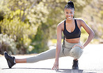 Stretching legs, fitness portrait and black woman training for marathon in nature, running for cardio exercise and happy with workout in park during summer. Girl runner start with stretch for sport