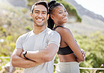 Fitness, nature and portrait of couple training outdoors with energy, motivation and happiness. Happy, smile and sport athlete ready for exercise or workout with active, health and wellness lifestyle