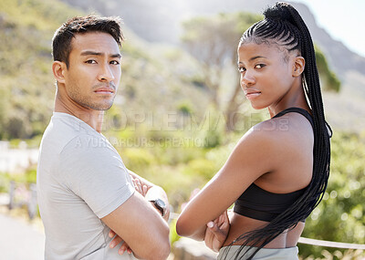 Buy stock photo Fitness portrait, strong couple and interracial people running for cardio workout in nature, training for competition together and motivation fo sports exercise. Athlete runner in park for marathon