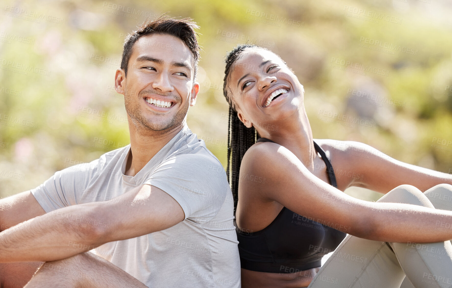 Buy stock photo Couple rest after mountain hiking nature adventure, young black woman and Asian man relax together. A hike is good for fitness, a free way to see landscape and natural beauty of earth when traveling 