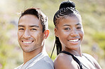 Fitness couple, smile and outdoor exercise out for a run and cardio training for happiness, health and wellness. Portrait of athlete and sports asian man and black woman ready for a workout in nature