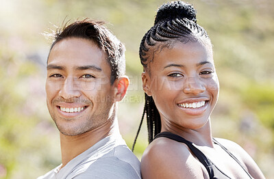 Buy stock photo Fitness couple, smile and outdoor exercise out for a run and cardio training for happiness, health and wellness. Portrait of athlete and sports asian man and black woman ready for a workout in nature