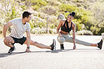 Fitness personal trainer  couple stretching legs for exercise goal, motivation and accountability. Training instructor and athlete woman, client or sports people workout for healthy body or wellness 