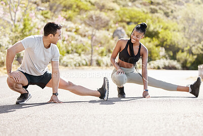 Fitness personal trainer couple stretching legs for exercise goal, motivation and accountability. Training instructor and athlete woman, client or sports people workout for healthy body or wellness