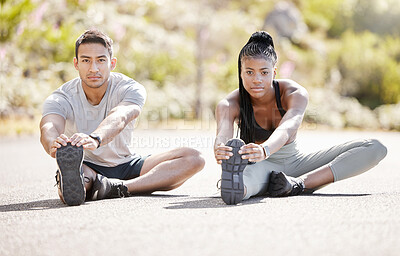 Buy stock photo Fitness, road and couple stretching their legs to get ready for running, training and workout together in summer. Flexible, hamstring and healthy African girl with an Asian personal trainer outdoor