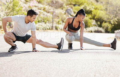 Buy stock photo Fitness, nature and couple doing a stretching exercise before an outdoor workout together. Man and woman sport athletes with a health, wellness and active lifestyle training outside on a road.