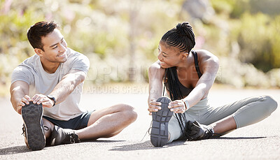 Buy stock photo Sport, fitness and exercise with a sports man and woman training and stretching during an outdoor workout. Health, wellness and motivation with an athlete couple or personal trainer ready to start