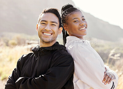 Buy stock photo Fitness, nature and a man and black woman with smile go hiking or running. Strong and happy couple exercise and run together. Wellness, sports and health, runner and personal trainer workout in park.