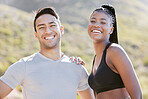 Fitness, nature and a couple happy for running or hiking on an adventure trail. Sports, exercise and a man and black woman run together. Wellness, health and runner and personal trainer smile in park