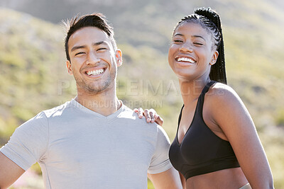 Fitness, nature and a couple happy for running or hiking on an adventure trail. Sports, exercise and a man and black woman run together. Wellness, health and runner and personal trainer smile in park