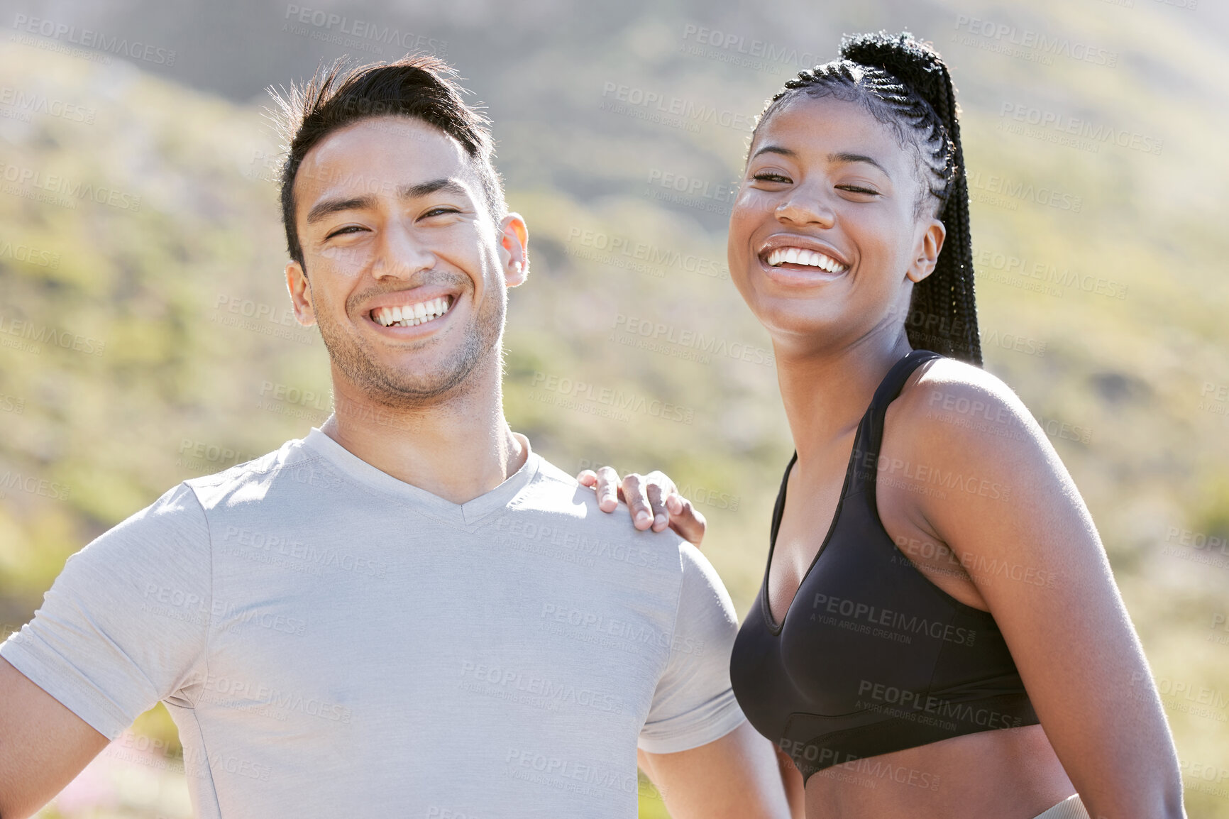 Buy stock photo Fitness, nature and couple happy to workout in outdoor adventure trail. Sports, exercise and man and black woman train in sun together. Wellness, health and runner and personal trainer smile in park.