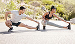 Couple stretching, nature training and interracial team running for cardio exercise, motivation for run and start of workout journey together. Runner man and woman doing stretch for fitness in park