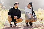 Outdoor fitness, motivation and runner couple exercise with sunshine and nature. Sports athlete people or personal trainer and woman workout together for body health, goal challenge or accountability