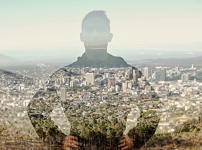 Buy stock photo Overlay of man, double exposure of city and forest standing confident in urban town or nature. Portrait, runner and fitness training multiple exposure pose, workout or exercise wellness motivation.