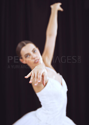 Buy stock photo Dancer performance stage to ballet music, young theatre woman dancing and action movement posture. Concert hall, posture grace of ballerina dance on black background wall and balance body exercise