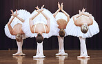 Ballet ballerina women teamwork on dancing stage together for collaboration, elegant and theatre creativity performance. Professional group of dance studio academy people on creative art concert show
