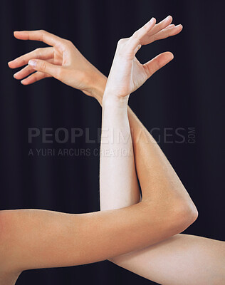 Buy stock photo Women, hands and ballet dance arms on black studio background in art for theatre, training or performance. Female ballerina hand and arm choreography of dancers in creative team stance for diversity