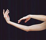 Woman hands dancing, calm body arm movement and creative peace in studio on black background. Plain nail manicure at salon spa, massage cream lotion in skincare beauty and grace dancing girl motion