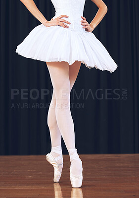 Buy stock photo Ballet woman dancer on theatre stage for a dance performance or training for a professional art career. Artistic academy, ballerina girl with elegant legs and feet dancing in a creative opera show