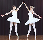 Ballet women, stage and dance performance for creative show, recital or competition in classical ballet theater. Beauty, dancer partnership and prima ballerina team work together on abstract dancing