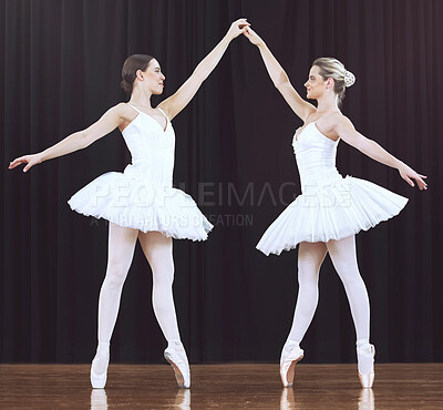 Buy stock photo Ballet women, stage and dance performance for creative show, recital or competition in classical ballet theater. Beauty, dancer partnership and prima ballerina team work together on abstract dancing