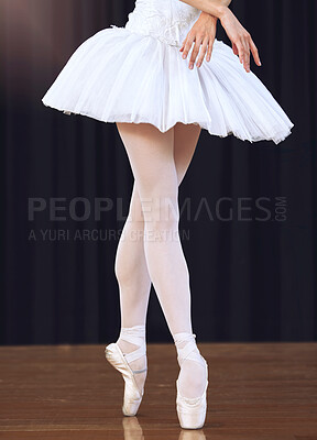 Buy stock photo Ballet feet or legs dancing or training or practice in a dance studio, stage or class. Professional elegant dancer or ballerina in shoes for a performance or concert with classic music in a theater