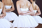 Ballet, dance and art with back of women on stage for performance, theatre and training. Creative, motivation and dancing with elegant ballerina dancer for classical show, recital and movement