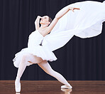 Ballet dance, stage performance and woman in theatre production, start of professional dancing competition and moving with costume. Ballerina dancer student with balance in concert at school