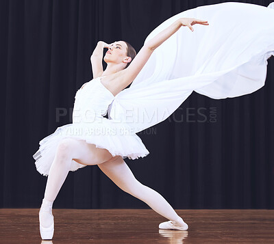 Buy stock photo Ballet dance, stage performance and woman in theatre production, start of professional dancing competition and moving with costume. Ballerina dancer student with balance in concert at school
