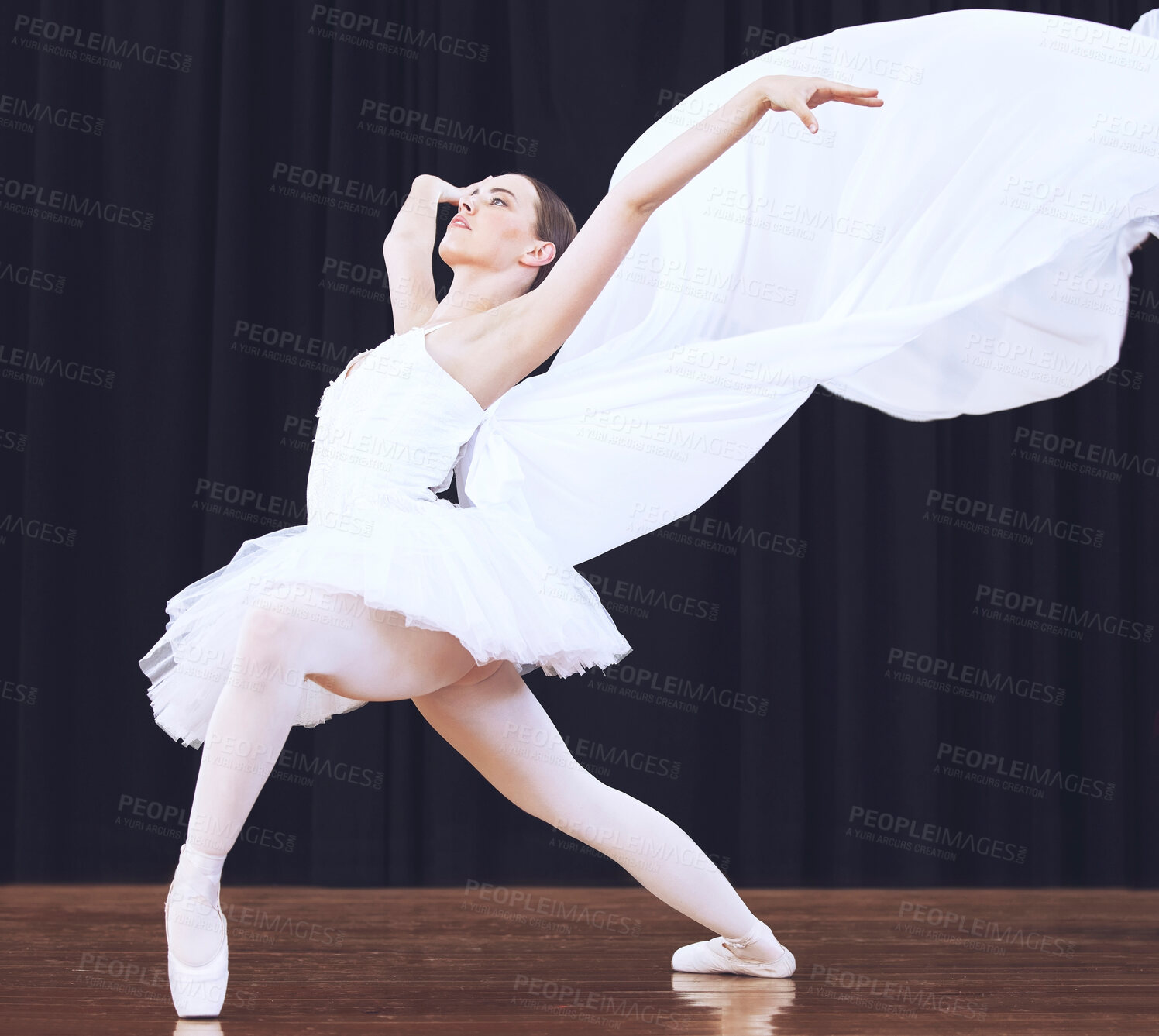 Buy stock photo Ballet dance, stage performance and woman in theatre production, start of professional dancing competition and moving with costume. Ballerina dancer student with balance in concert at school