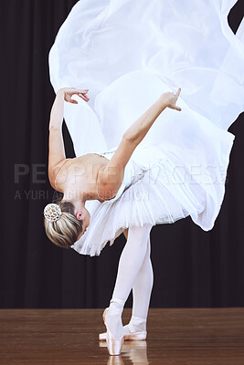 Buy stock photo Woman after ballet performance, dancer practicing to be professional ballerina and dance in stage theatre or opera show. Energy, love and passion is a must for training in abstract or artistic career