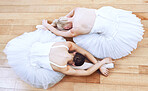 Ballet women, theatre concert and dance stage for creative training, performance and professional dancers. Above of two girl ballerinas stretching dancing and start music show action on studio floor
