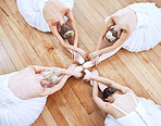Ballet dancers, art performance and women dancing in classic style sitting during practice, training and exercise in dance studio. Group of ballerina girls with passion for fitness in hall from above