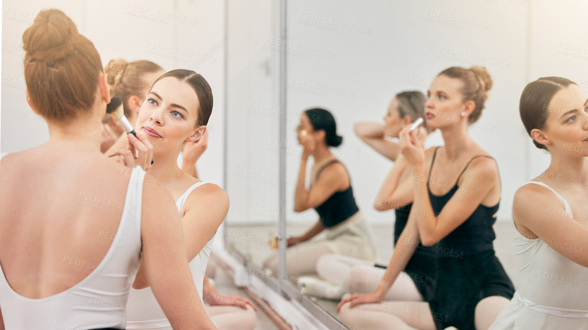 Buy stock photo Women, ballet dancer and makeup cosmetics in studio mirror for theatre, stage and theater performance. Friends, ballerina students or creative artists in help, support and learning class for broadway