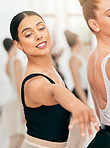 Women, ballet or dance training in studio for theater, stage or dancing theatre performance. Smile, happy and elegant students, ballerina dancers or friends in creative art movement in learning class