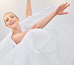 Ballet dance and portrait of woman in fitness studio movement with elegant white dress fabric. Happy, excited and professional ballerina performance dancer with attractive smile dancing. 