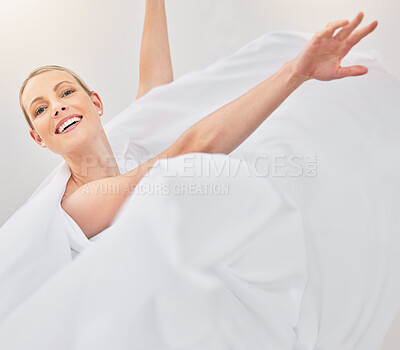 Buy stock photo Ballet dance and portrait of woman in fitness studio movement with elegant white dress fabric. Happy, excited and professional ballerina performance dancer with attractive smile dancing. 