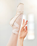 Dancer feet, leather ballet shoes with hands, calm ballerina dancing closeup in studio. Training performance grace, professional dance girl and art skill movement with creative body point ribbon tie