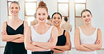 Ballet women in class portrait proud with progress at creative dance academy studio for goal, motivation and professional growth. Diversity international girl dancer team smile for ballerina training