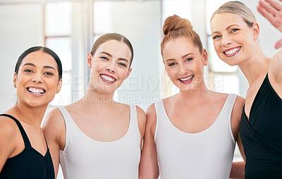 Buy stock photo Ballet, dance and happy portrait of women relax in performance art studio after practice, training or dancing exercise. Group of people, girl friends or dancer team smile for work on creative routine